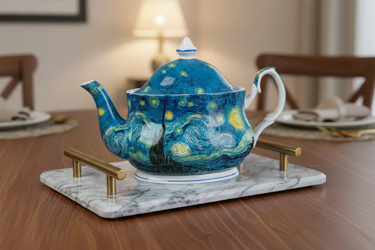 Van Gogh Starry Night Teapot in fine bone china, lifestyle image styled on a dining table