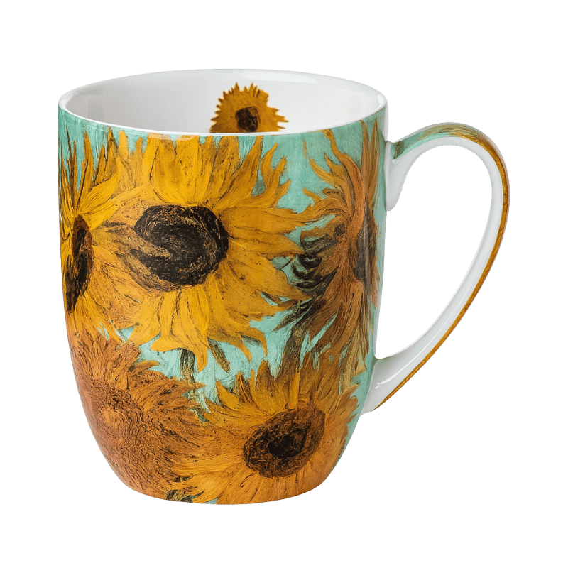 Sunflowers by Vincent Van Gogh Latte mug in fine bone china, 12.5 oz (375 ml), front view, handle right