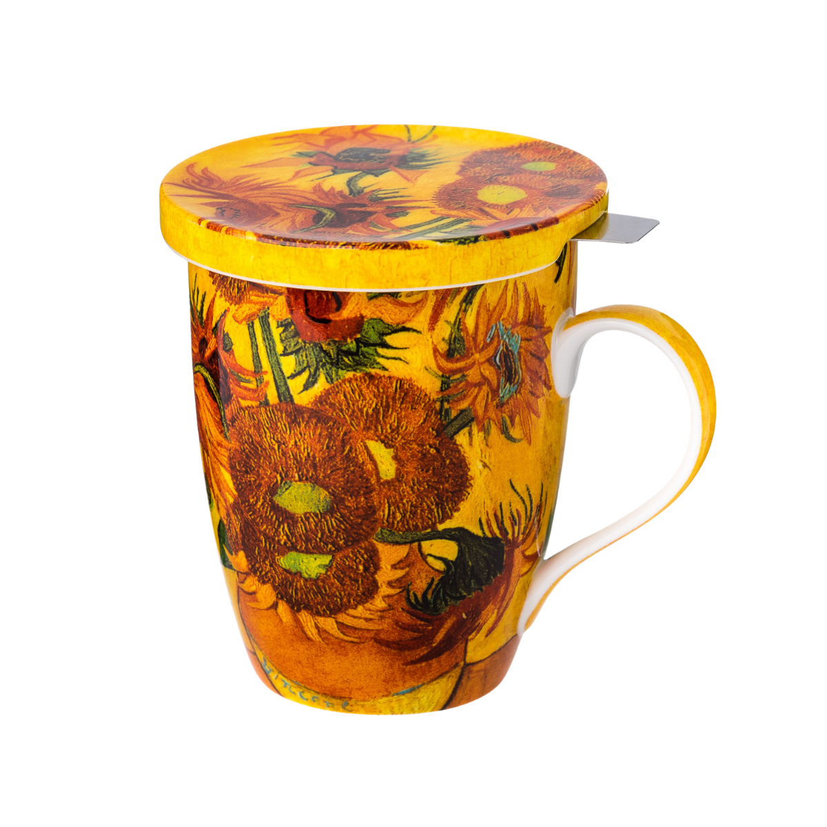 Vincent van Gogh Sunflowers tea mug with stainless steel infuser and lid, 15.2 oz (450 ml) fine bone china mug, front view handle right