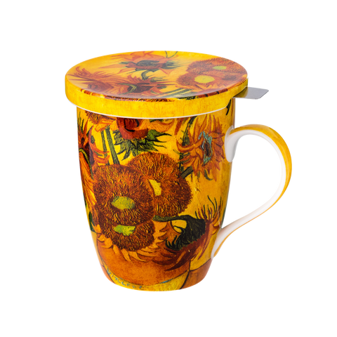 Vincent van Gogh Sunflowers tea mug with stainless steel infuser and lid, 15.2 oz (450 ml) fine bone china mug, front view handle right