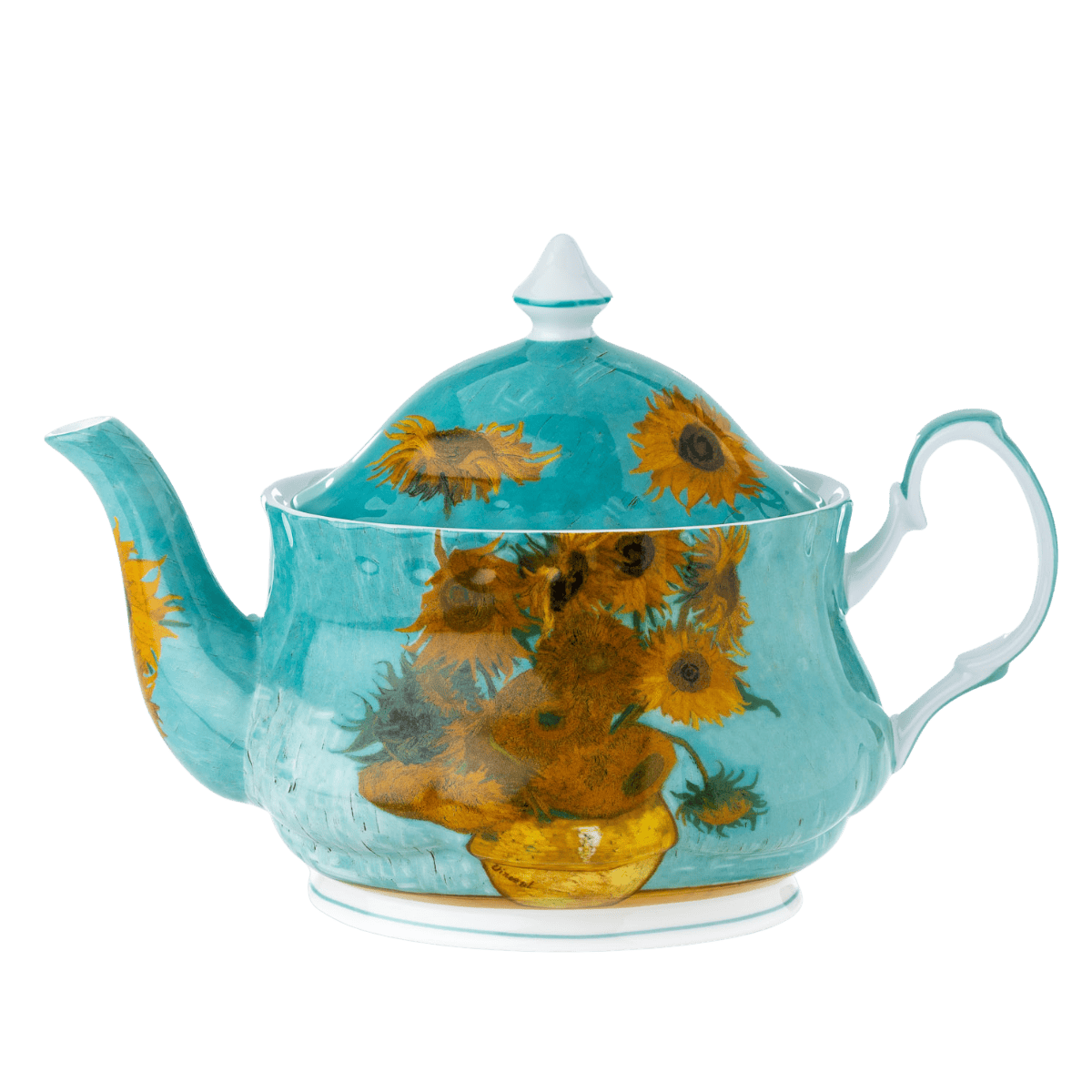 Van Gogh Sunflowers fine bone china teapot, six cup capacity with lid, fine bone china, front view.