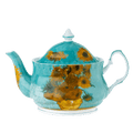 Van Gogh Sunflowers fine bone china teapot, six cup capacity with lid, fine bone china, front view.