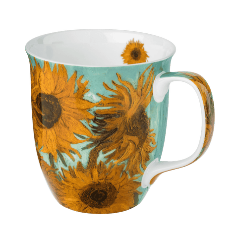 Vincent van Gogh Sunflowers mug, fine bone china coffee mug featuring the famous painting, front view handle right