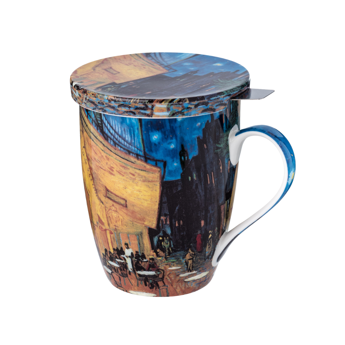 Vincent van Gogh Café Terrace at Night tea mug with stainless steel infuser and lid, 15.2 oz (450 ml) fine bone china mug, front view handle right