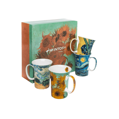 Van Gogh mug set of four featuring Starry Night, Sunflowers, Irises and Wheatfield with Cypresses, 11 oz (325 ml) fine bone china mugs, white background.