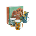 Van Gogh mug set of four featuring Starry Night, Sunflowers, Irises and Wheatfield with Cypresses, 11 oz (325 ml) fine bone china mugs, white background.