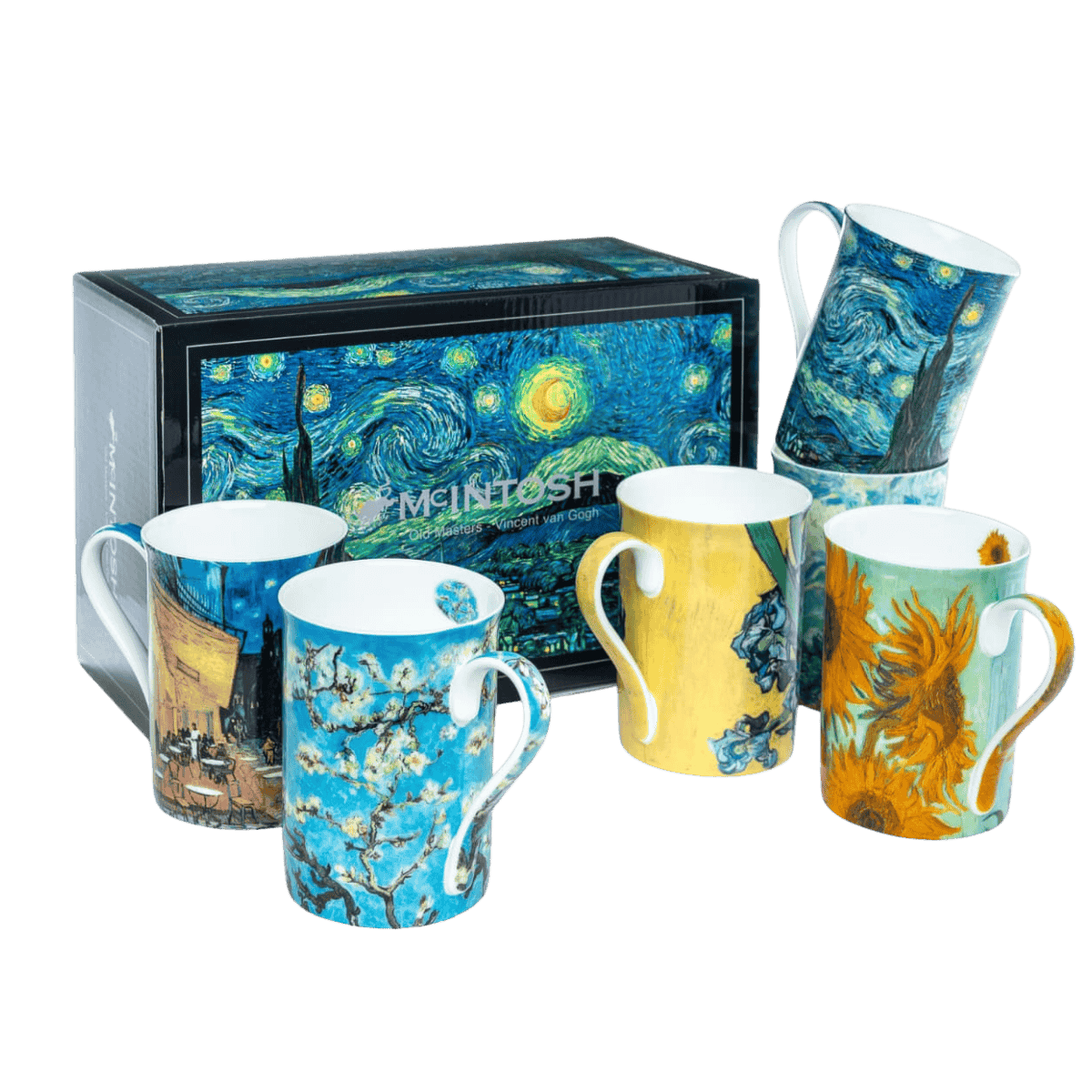 Van Gogh mug set of six featuring Starry Night, Sunflowers, Irises, Almond Blossom, Cafe Terrace at Night and Wheatfields with Cypresses, 12.5 oz (375 ml) fine bone china mugs and Starry Night giftbox, white background