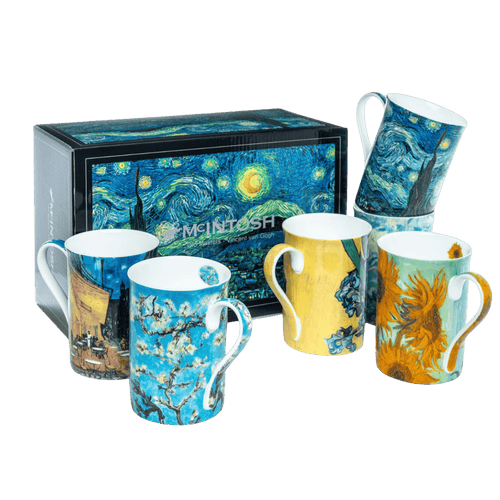 Van Gogh mug set of six featuring Starry Night, Sunflowers, Irises, Almond Blossom, Cafe Terrace at Night and Wheatfields with Cypresses, 12.5 oz (375 ml) fine bone china mugs and Starry Night giftbox, white background