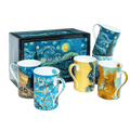 Van Gogh mug set of six featuring Starry Night, Sunflowers, Irises, Almond Blossom, Cafe Terrace at Night and Wheatfields with Cypresses, 12.5 oz (375 ml) fine bone china mugs and Starry Night giftbox, white background