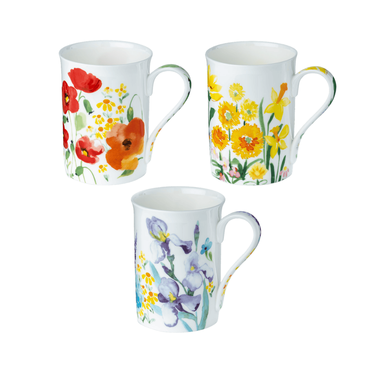 Watercolours Classico mug bundle of three, 12.5 oz (375 ml) fine bone china mugs, white background