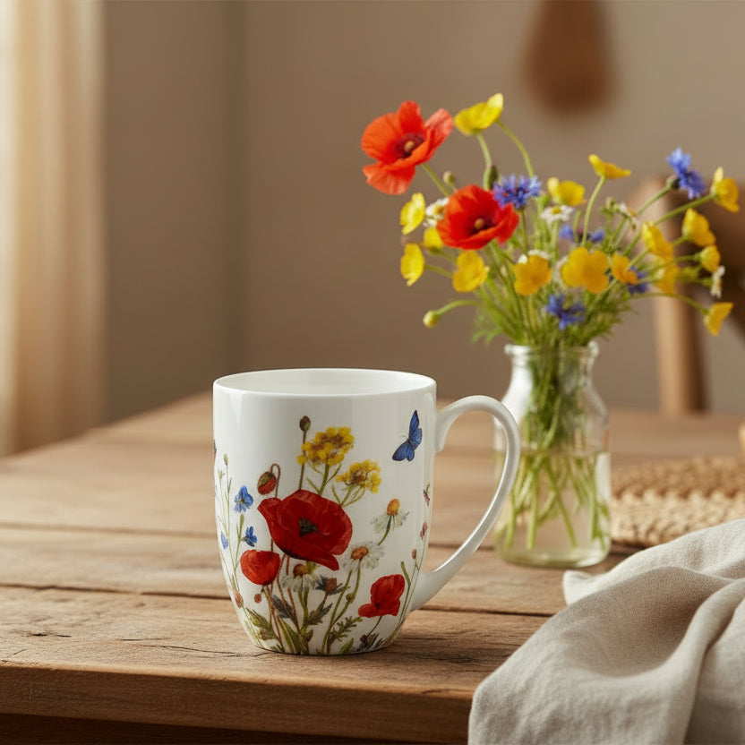 Wildflowers Red Latte mug with coffee in a kitchen setting