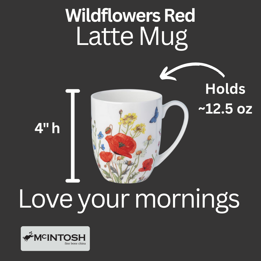 Wildflowers Red Latte mug size guide showing 12.5 oz (375 ml), 4 in high