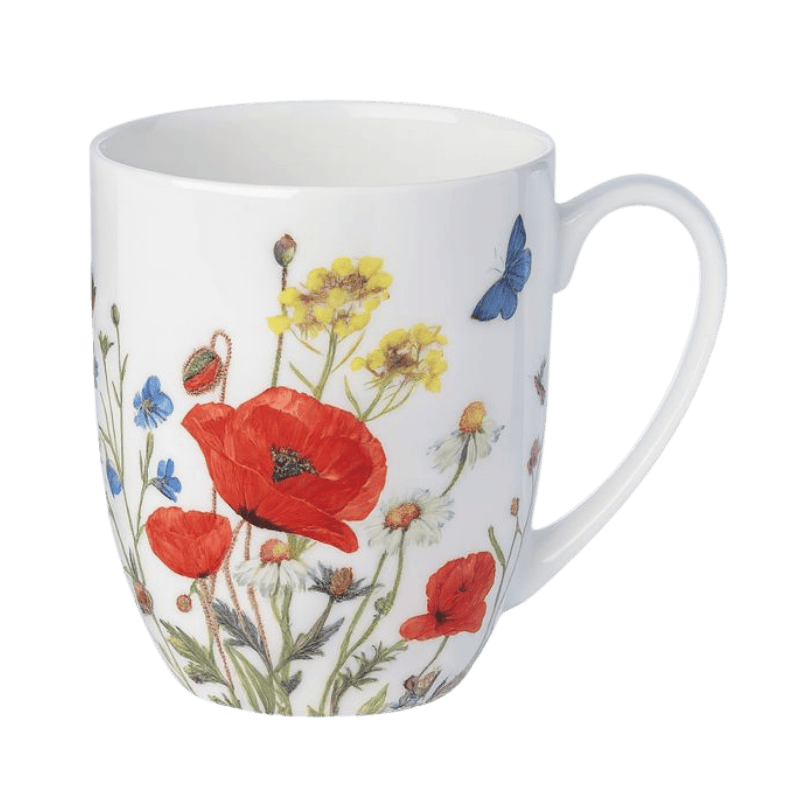 Wildflowers Red latte mug red poppies daisies butterflies fine bone china 12.5 oz (375 ml) McIntosh Mugs front view, handle right