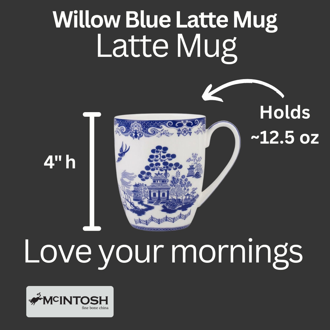 Willow Blue Latte mug size guide showing 12.5 oz (375 ml), 4 in high