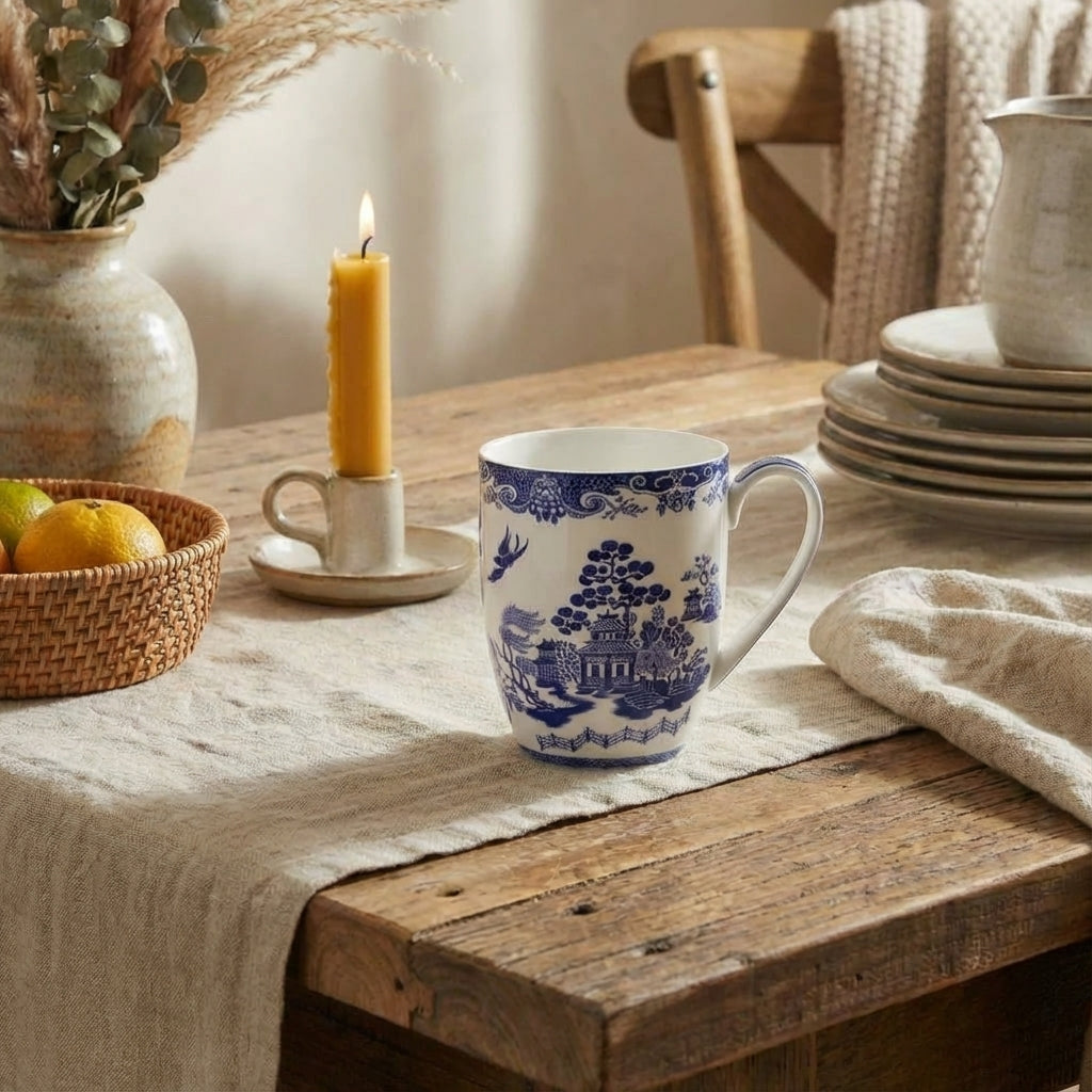 Willow Blue Latte mug in a farmhouse style kitchen setting
