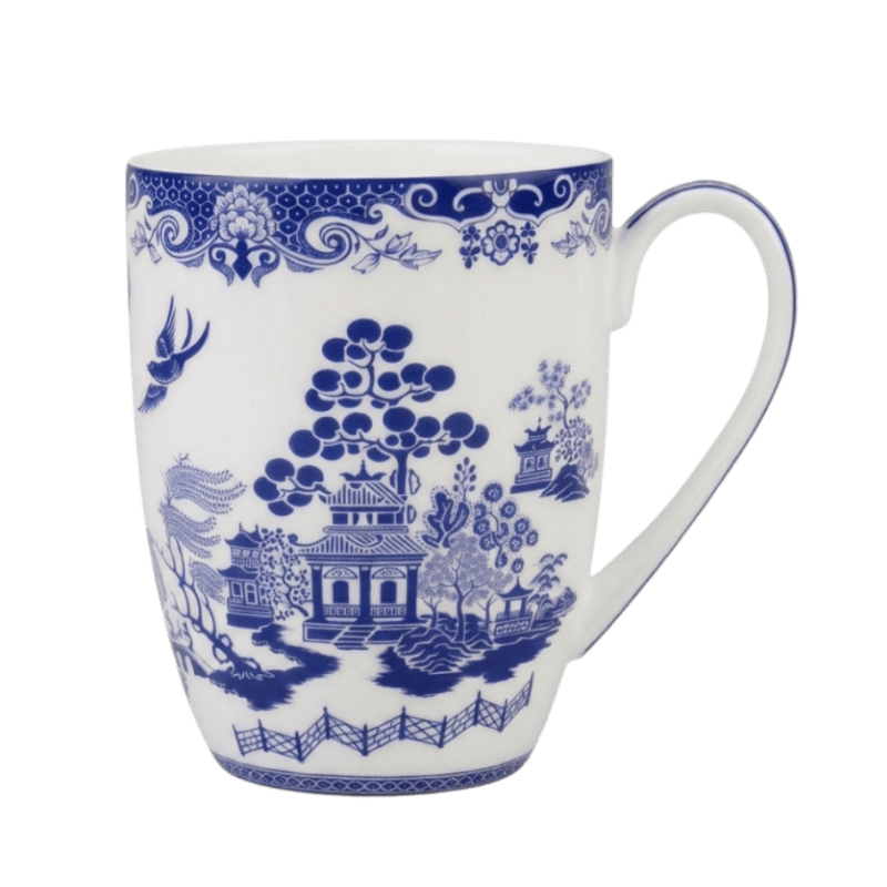 Willow Blue latte mug blue and white chinoiserie pagoda landscape fine bone china 12.5 oz (375 ml) McIntosh Mugs front view, handle right
