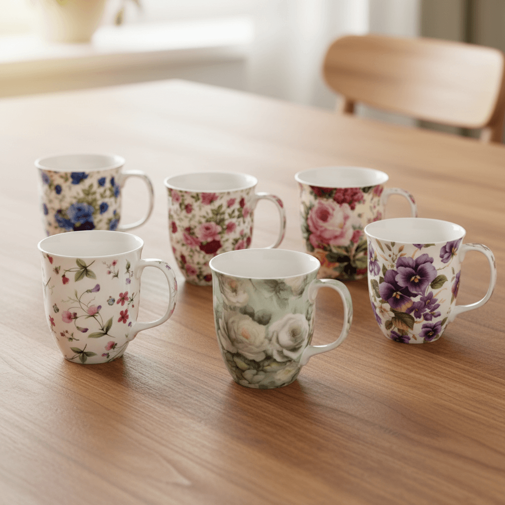 Red and pink roses, Dark blue Roses, White Roses, Sweet Pea, Rose Bouquet and Purple Pansies Java Mugs, lifestyle image styled on a dining table