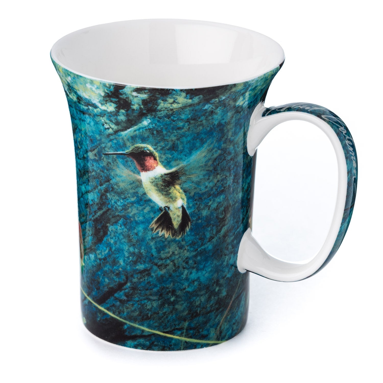 Robert Bateman Ruby-Throat and Columbine hummingbird mug, 11 oz (325 ml) fine bone china art mug, front view handle right