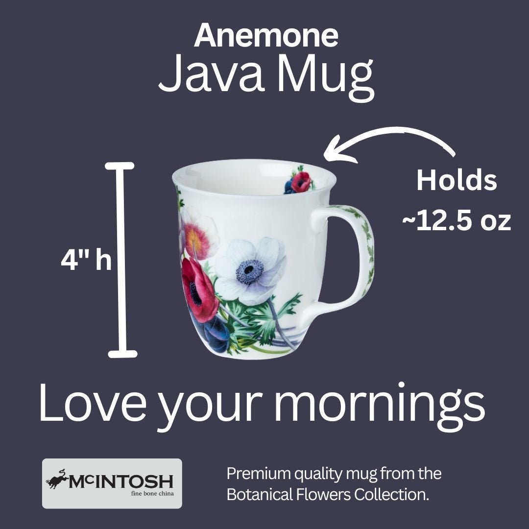 Botanical Flowers Anemone Java Mug size guide in fine bone china, 375 ml (12.5 oz) capacity, 4 in height