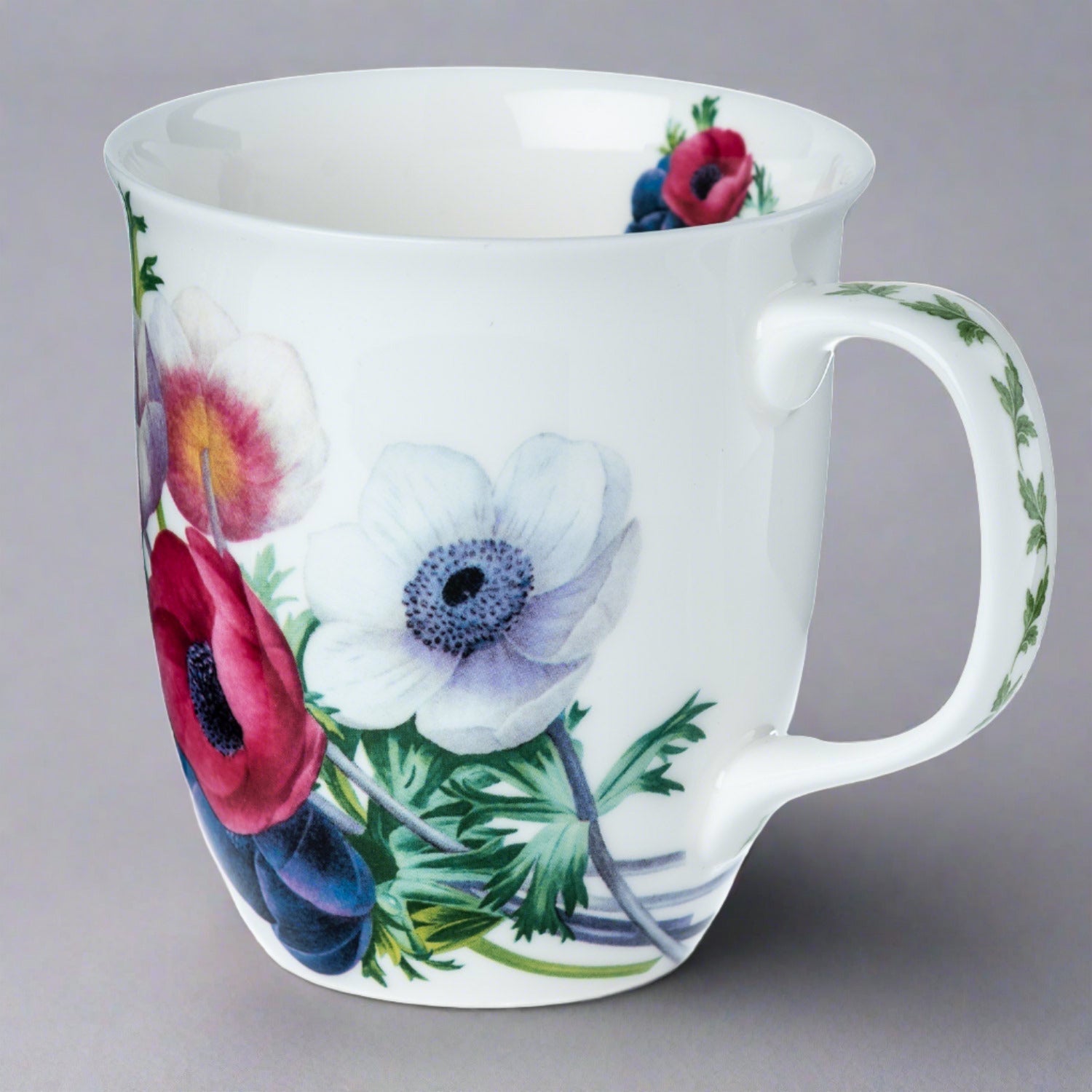 Botanical Flowers Anemone Java Mug in fine bone china, front view, handle right, grey background