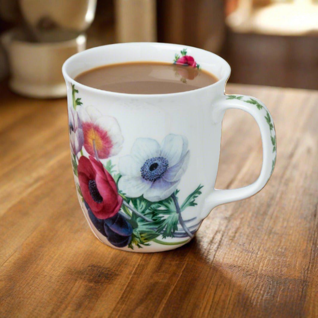 Botanical Flowers Anemone Java Mug lifestyle image styled dining table with coffee