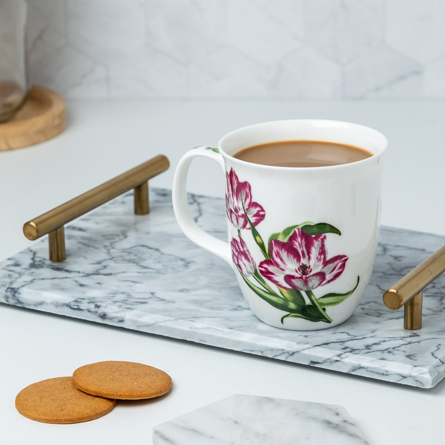Botanical Flowers Tulips Java Mug, lifestyle image styled on a countertop with coffee