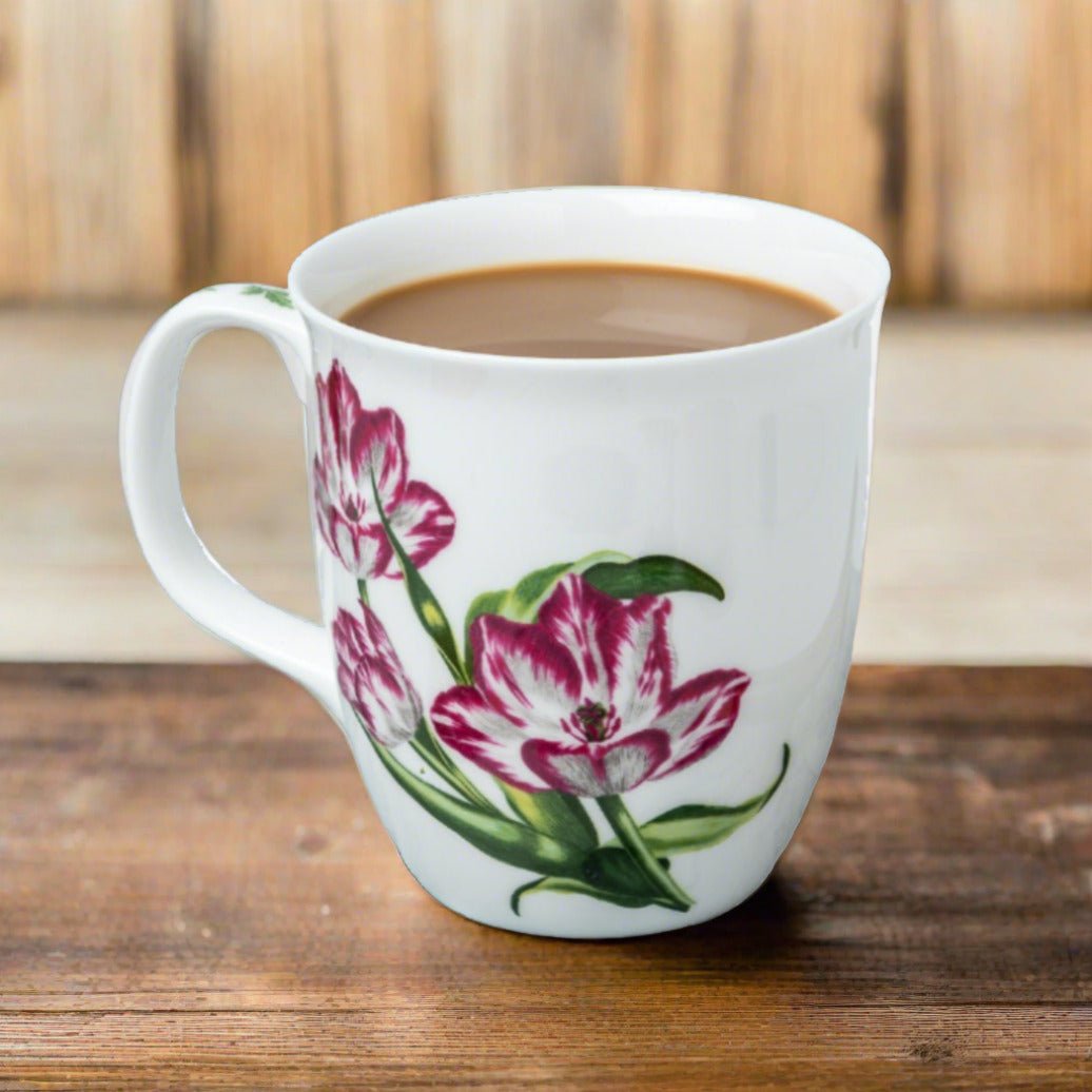 Botanical Flowers Tulips Java Mug, lifestyle image styled on a dining table with coffee