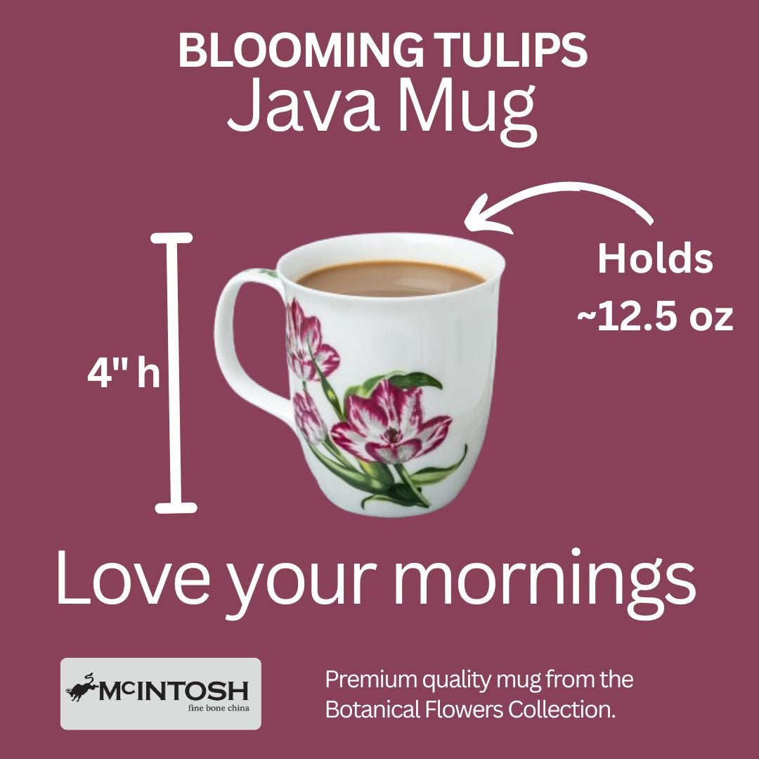 Botanical Flowers Tulips Java Mug size guide in fine bone china, 375 ml (12.5 oz) capacity, 4 in height