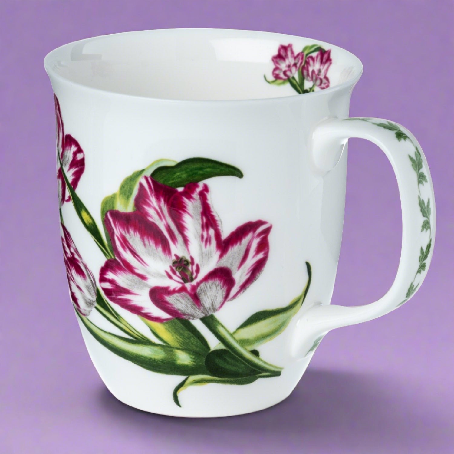 Botanical Flowers Tulips Java Mug in fine bone china, front view, handle right, purple background
