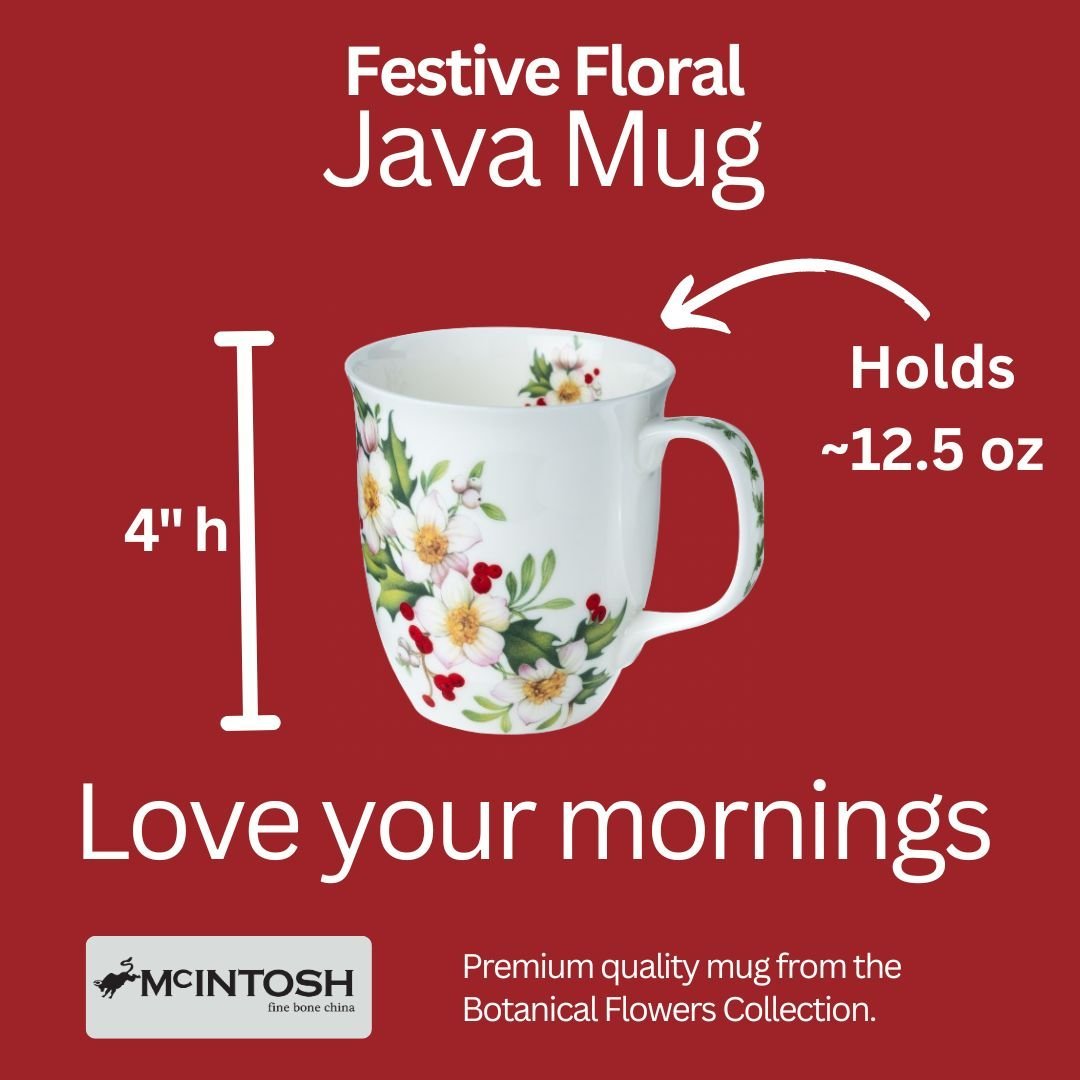 Festive Florals Java Mug size guide in fine bone china, 375 ml (12.5 oz) capacity, 4 in height
