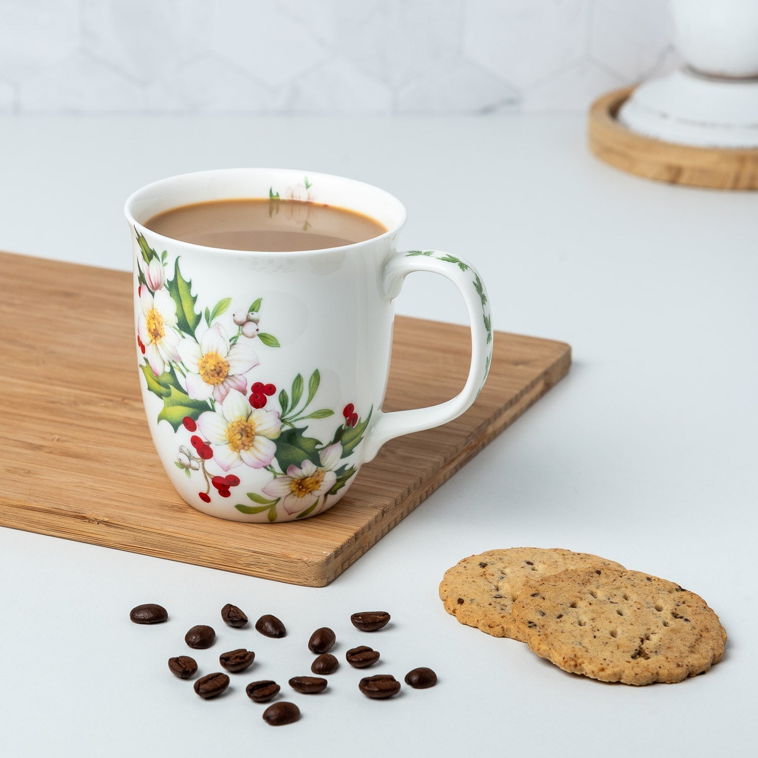 Festive Florals Java Mug lifestyle image styled countertop with coffee