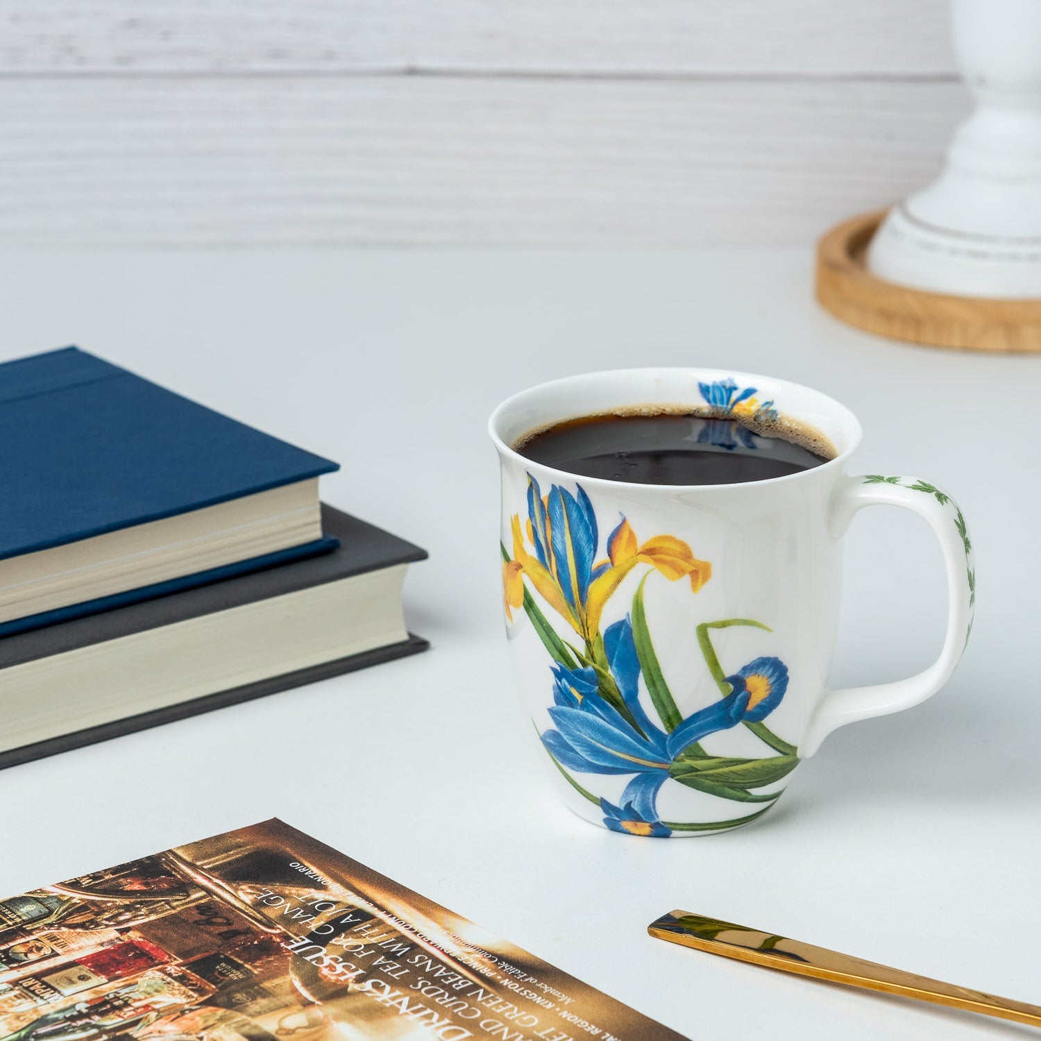 Botanical Flowers Garden Iris Java Mug, lifestyle image styled on a countertop with coffee