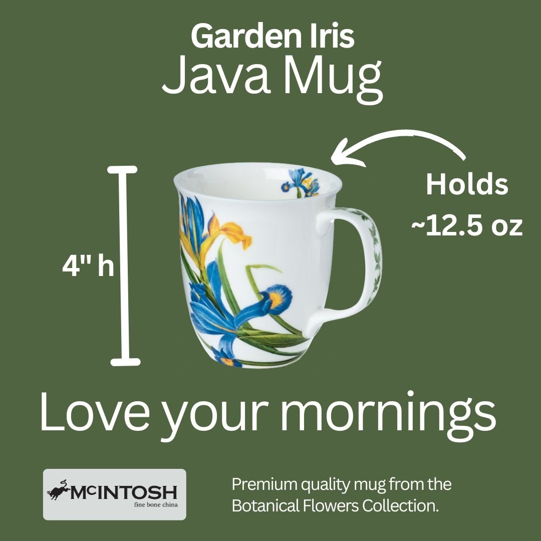 Botanical Flowers Garden Iris Java Mug size guide in fine bone china, 375 ml (12.5 oz) capacity, 4 in height