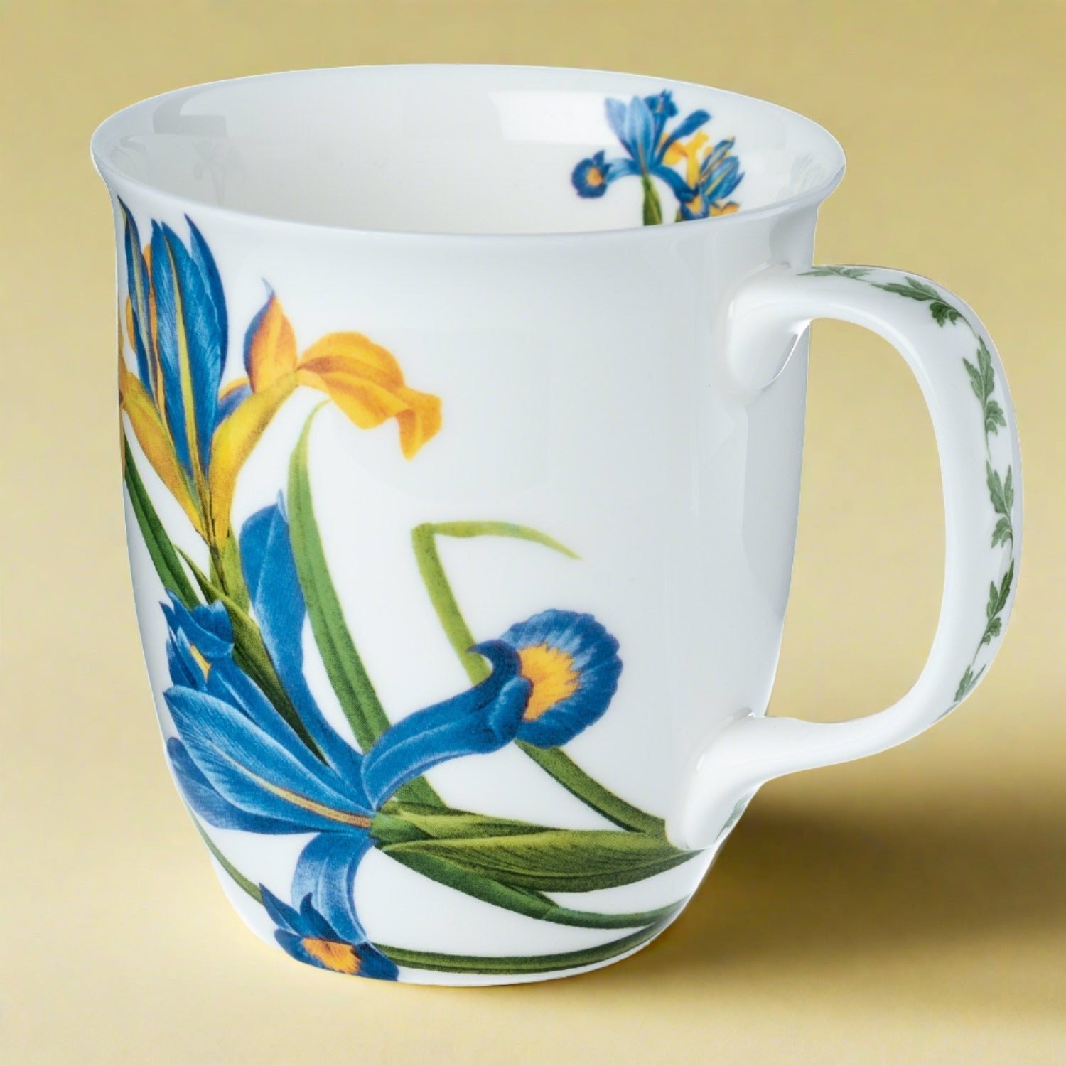 Botanical Flowers Garden Iris Java Mug in fine bone china, front view, handle right, background yellow