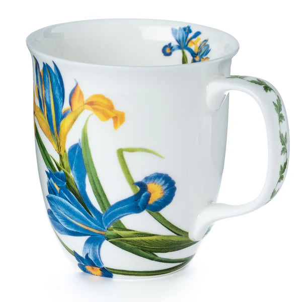 Garden Iris Java Mug in fine bone china, front view, handle right