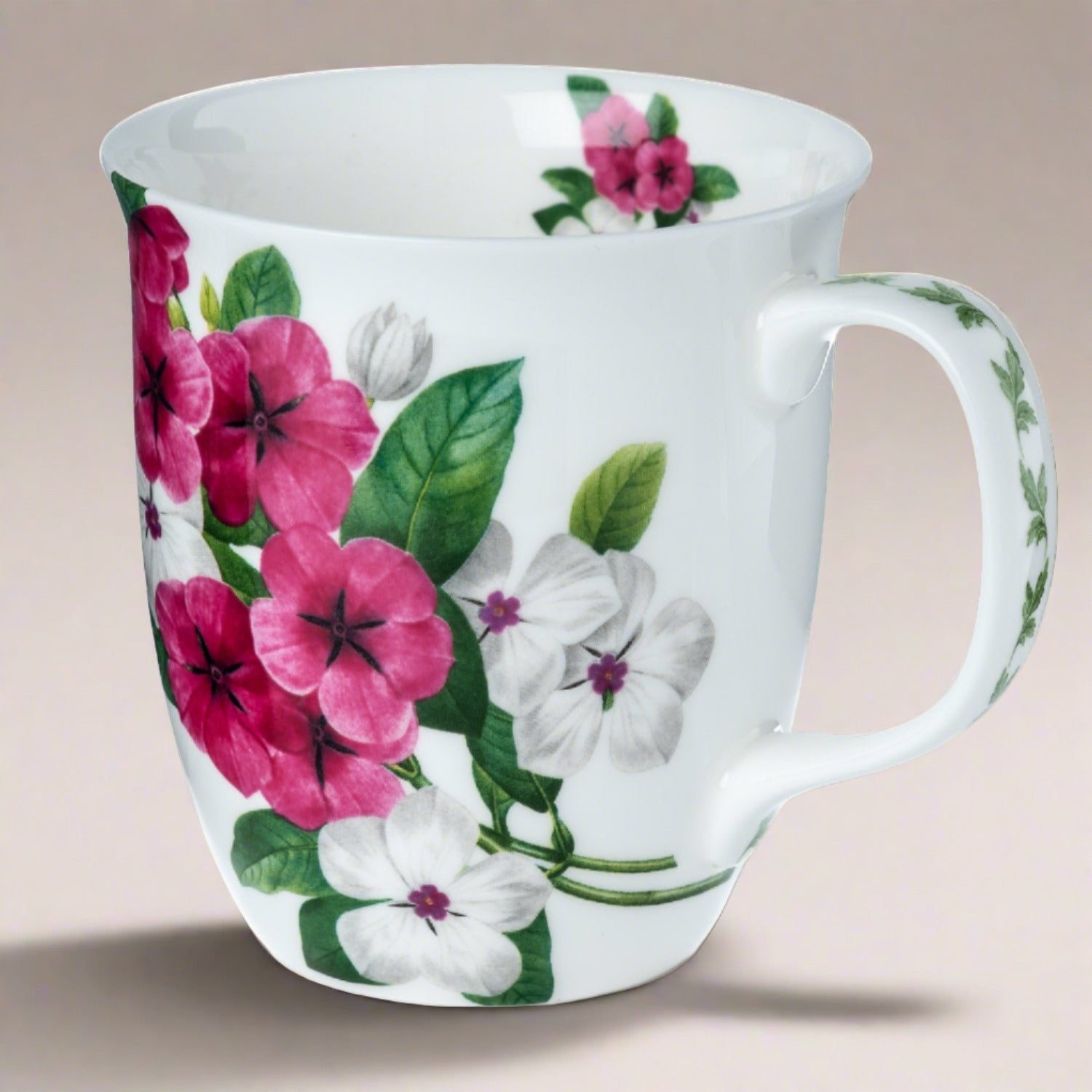Botanical Flowers Garden Phlox Java Mug in fine bone china, front view, handle right, beige background
