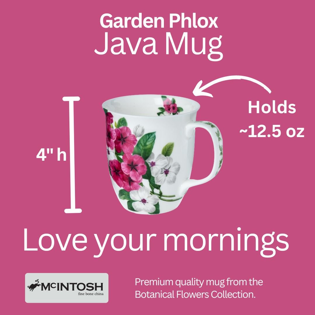 Botanical Flowers Garden Phlox Java Mug size guide in fine bone china, 375 ml (12.5 oz) capacity, 4 in height