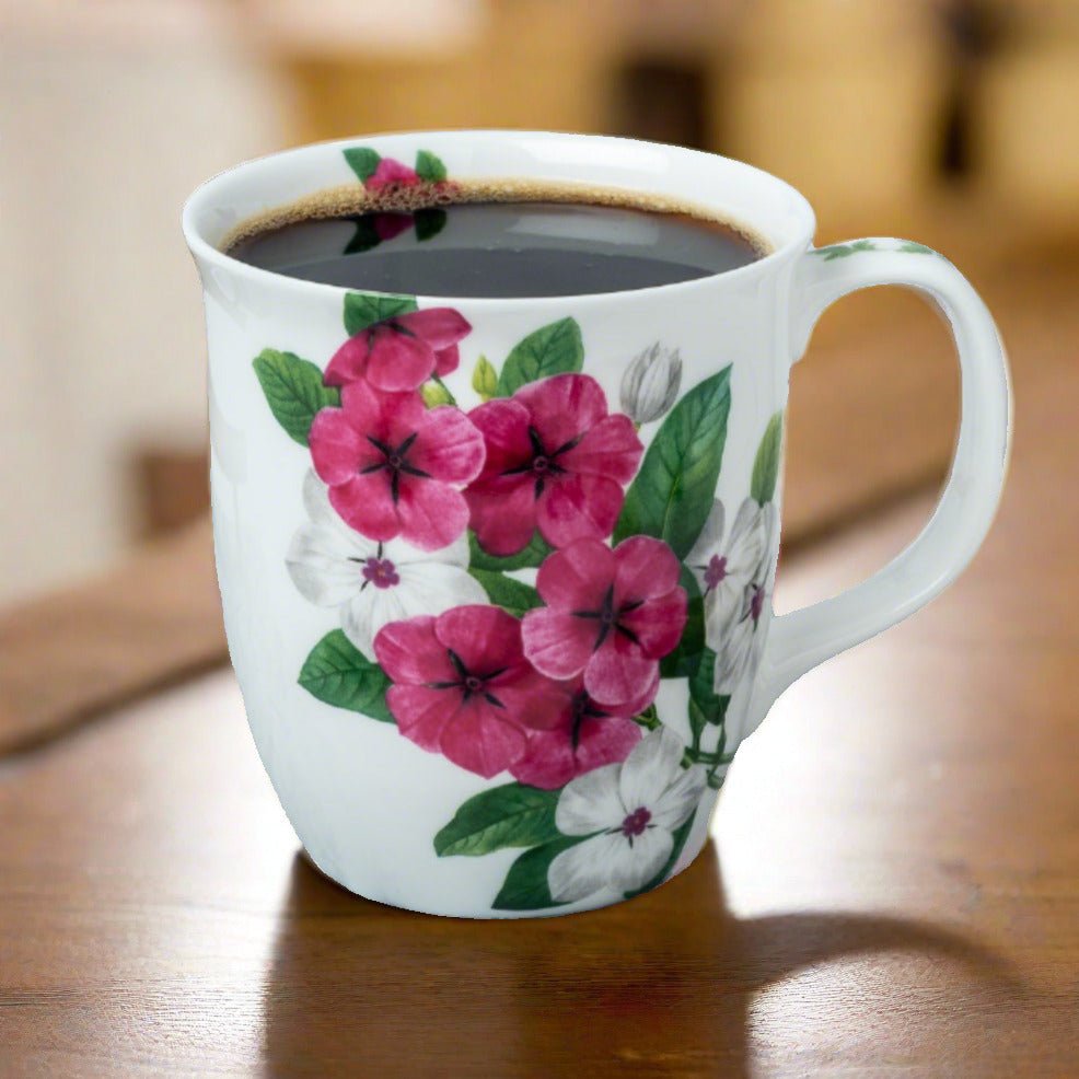 Botanical Flowers Garden Phlox Java Mug in fine bone china, lifestyle image styled dining table with coffee