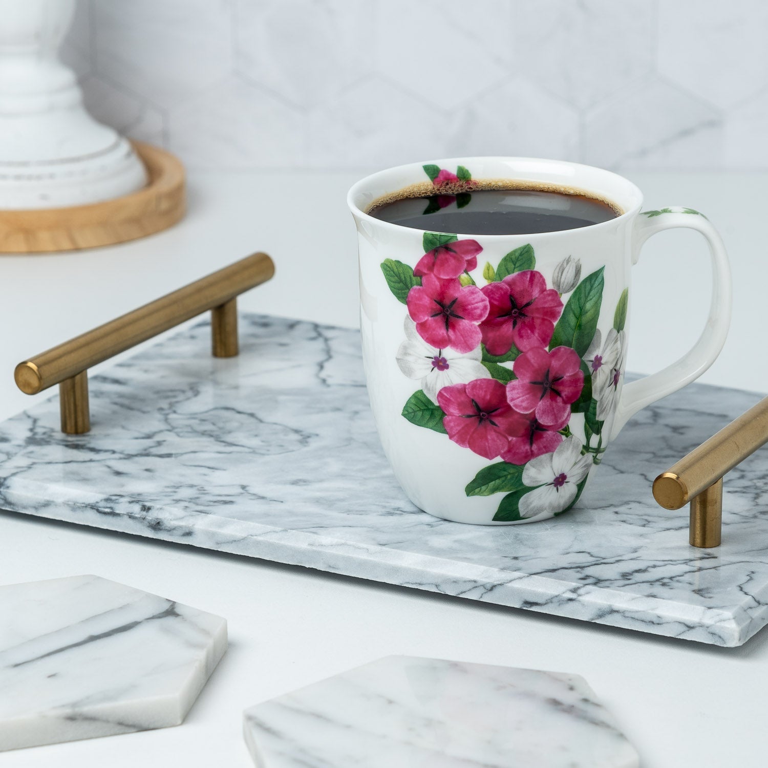 Botanical Flowers Garden Phlox Java Mug lifestyle image styled countertop with coffee