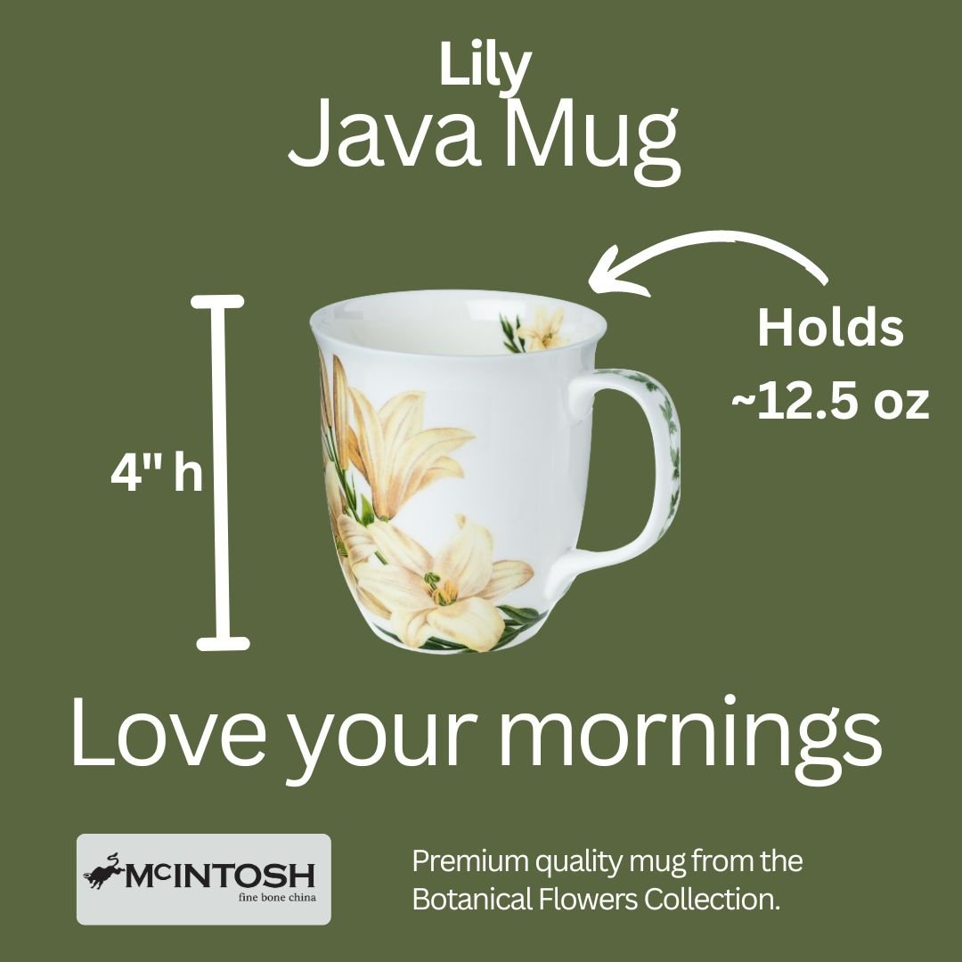 Botanical Flowers Lily Java Mug size guide in fine bone china, 375 ml (12.5 oz) capacity, 4 in height