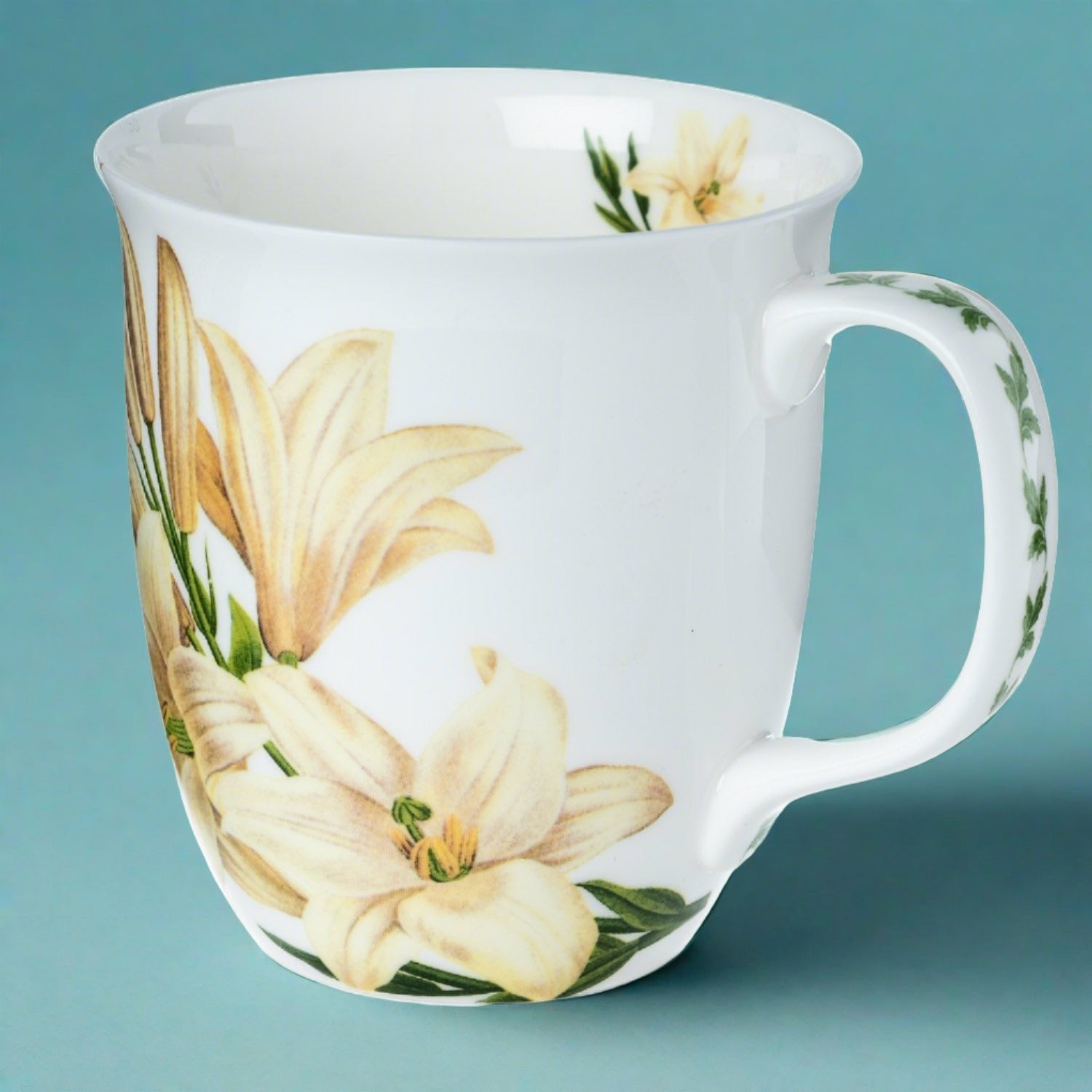 Botanical Flowers Lily Java Mug in fine bone china, front view, handle right, blue background