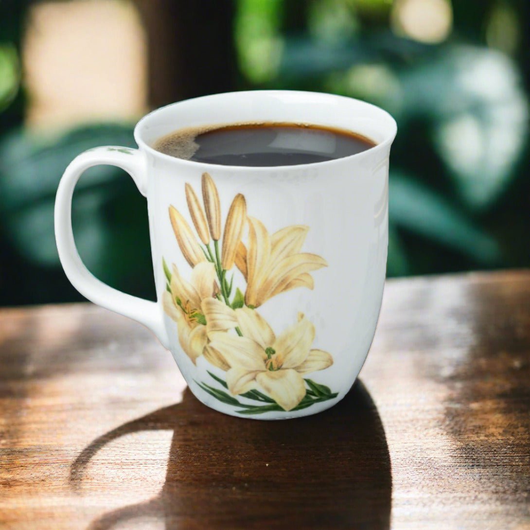 Botanical Flowers Lily Java Mug, lifestyle image styled on a dining table with coffee