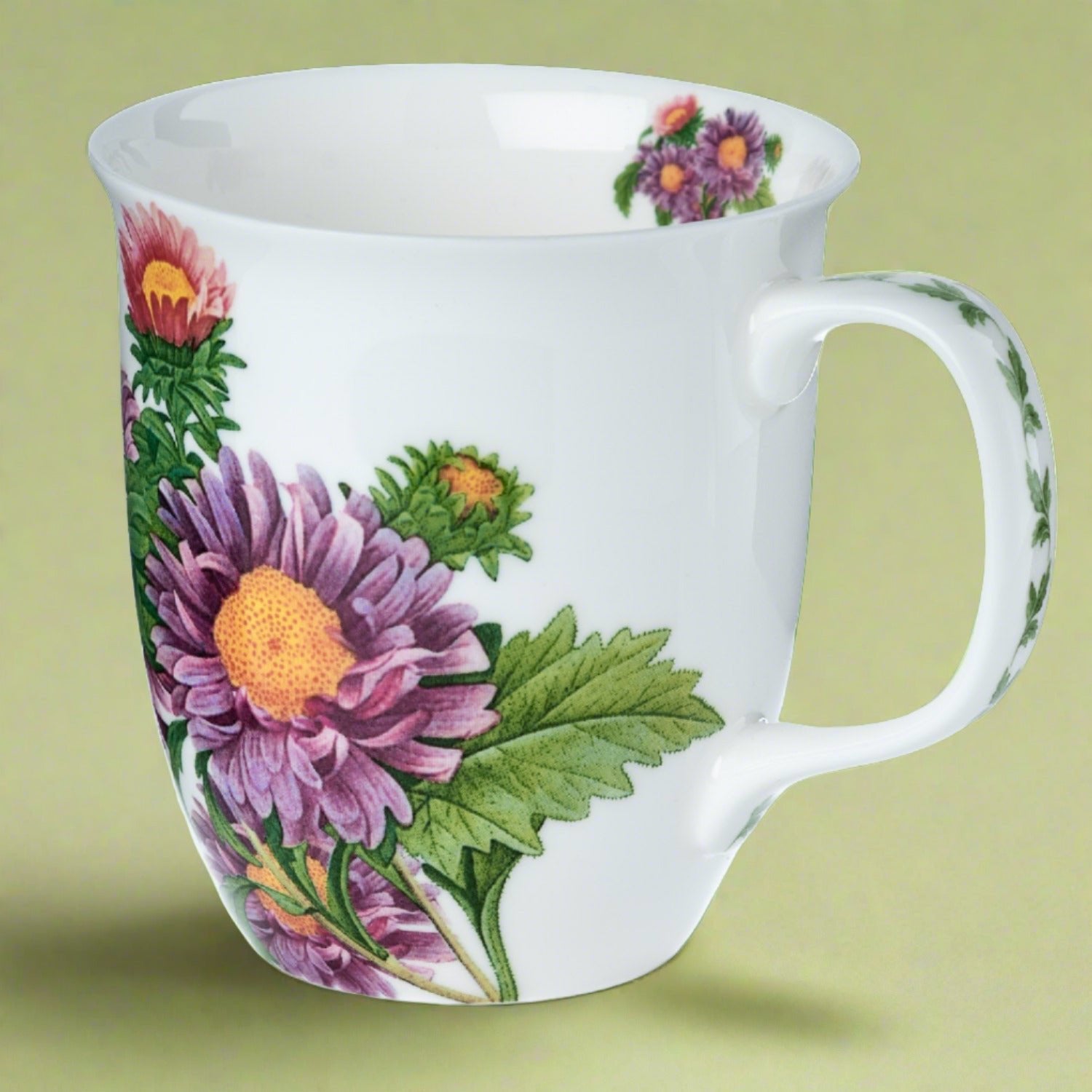 Botanical Flowers Daisy Java Mug in fine bone china, front view, handle right, green background