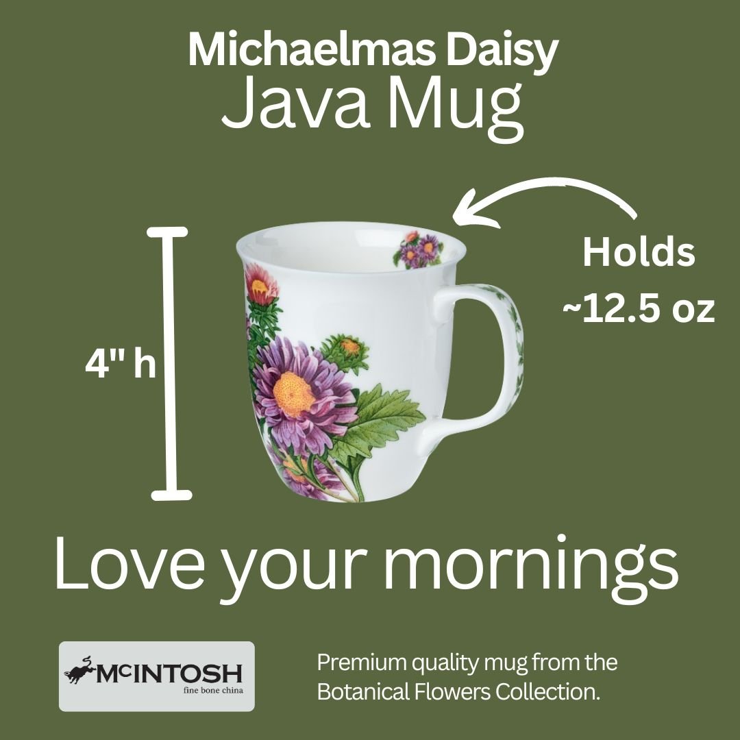 Botanical Flowers Daisy Java Mug size guide in fine bone china, 375 ml (12.5 oz) capacity, 4 in height
