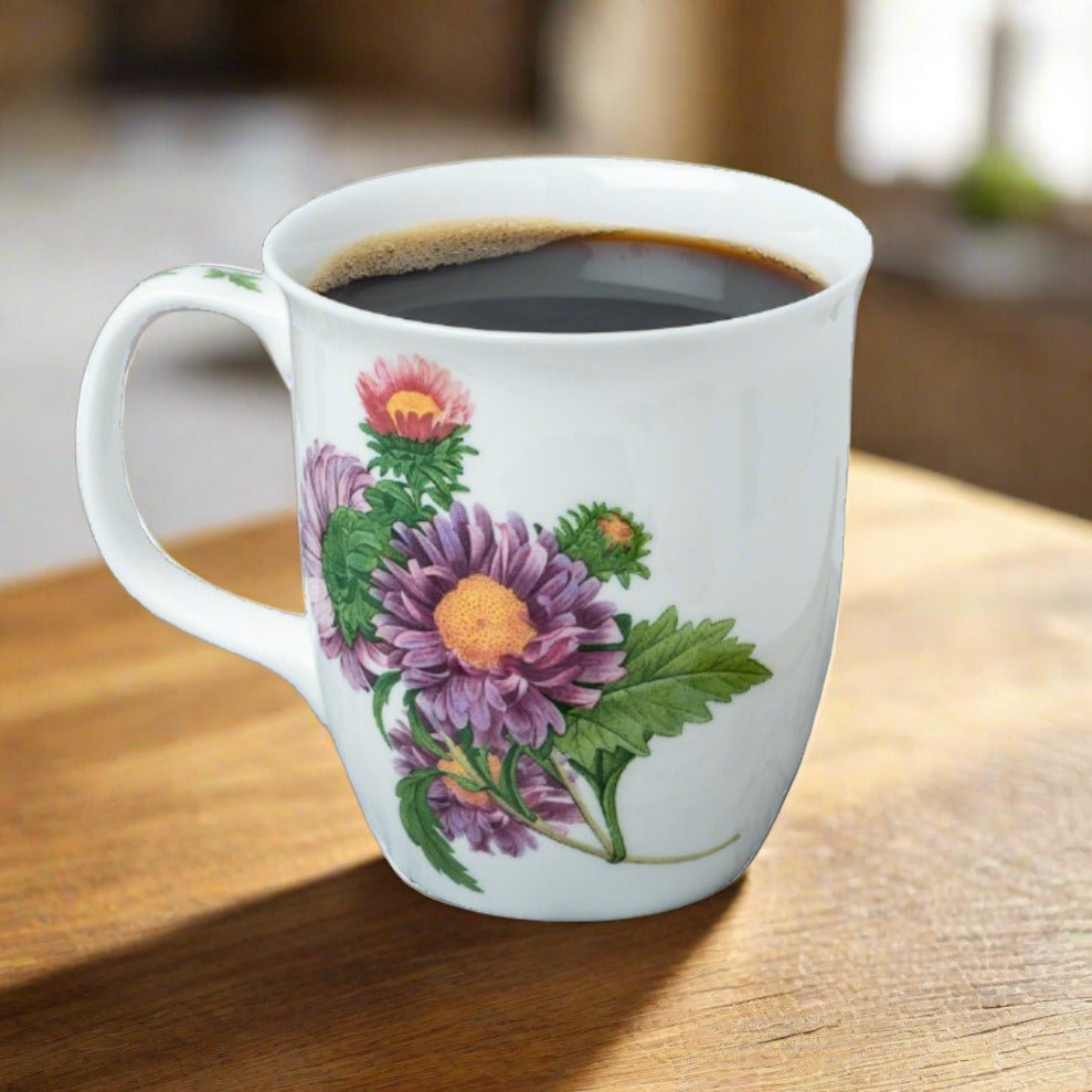 Botanical Flowers Daisy Java Mug lifestyle image styled on a dining table with coffee
