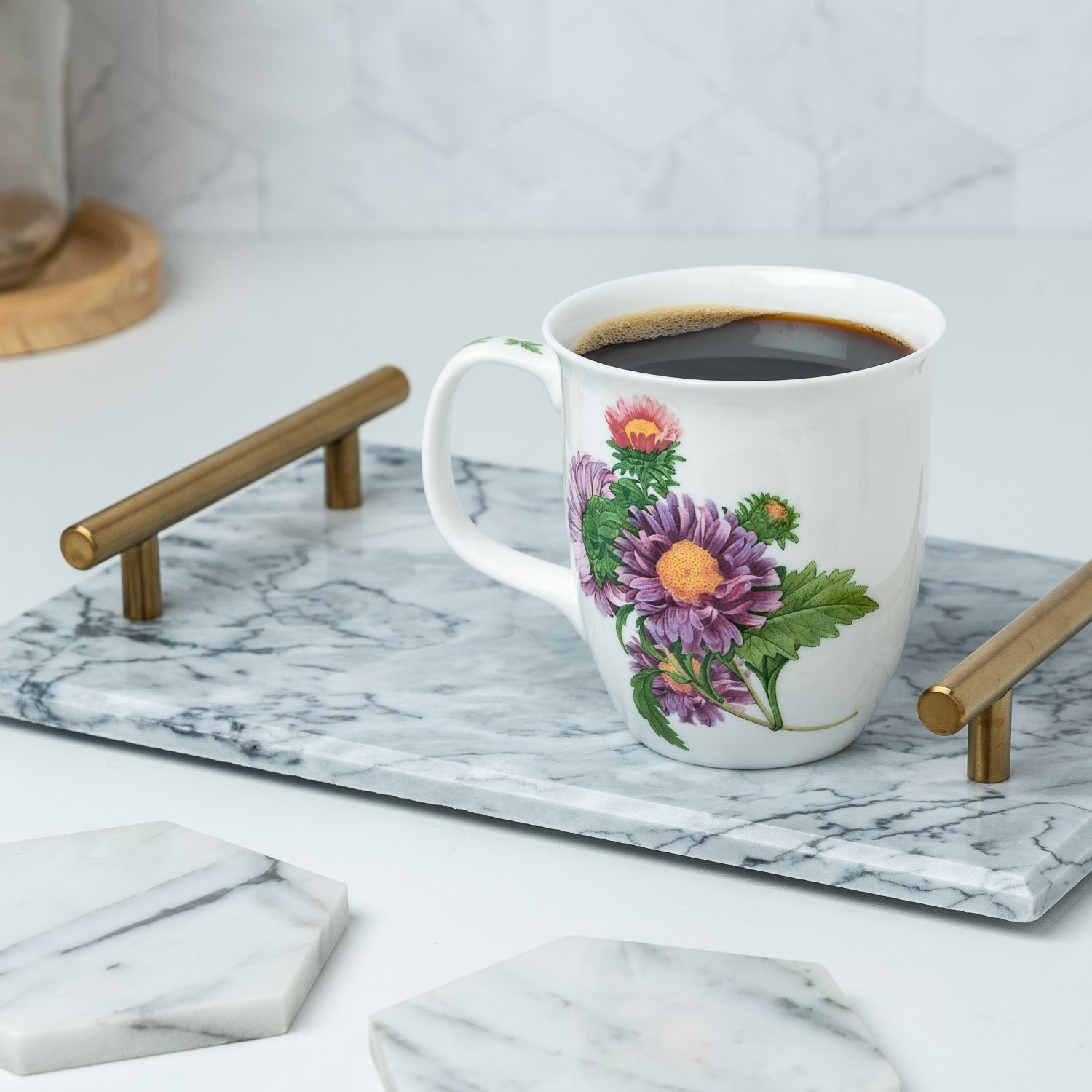 Botanical Flowers Daisy Java Mug lifestyle image styled countertop with coffee