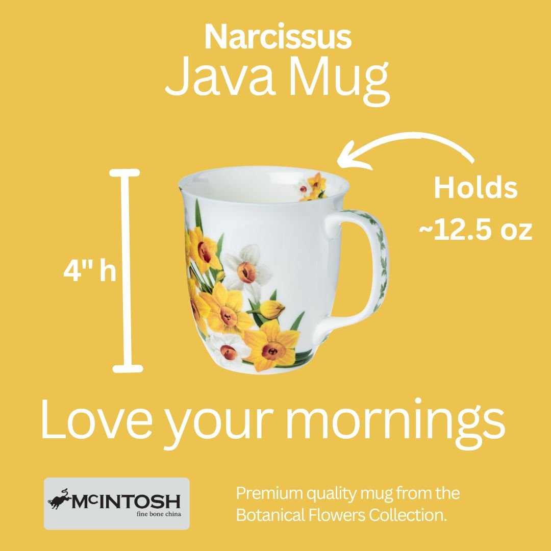 Botanical Flowers Narcissus Java Mug size guide in fine bone china, 375 ml (12.5 oz) capacity, 4 in height