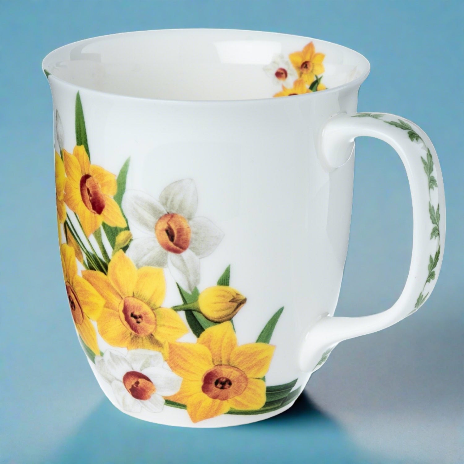 Botanical Flowers Narcissus Java Mug in fine bone china, front view, handle right, blue background