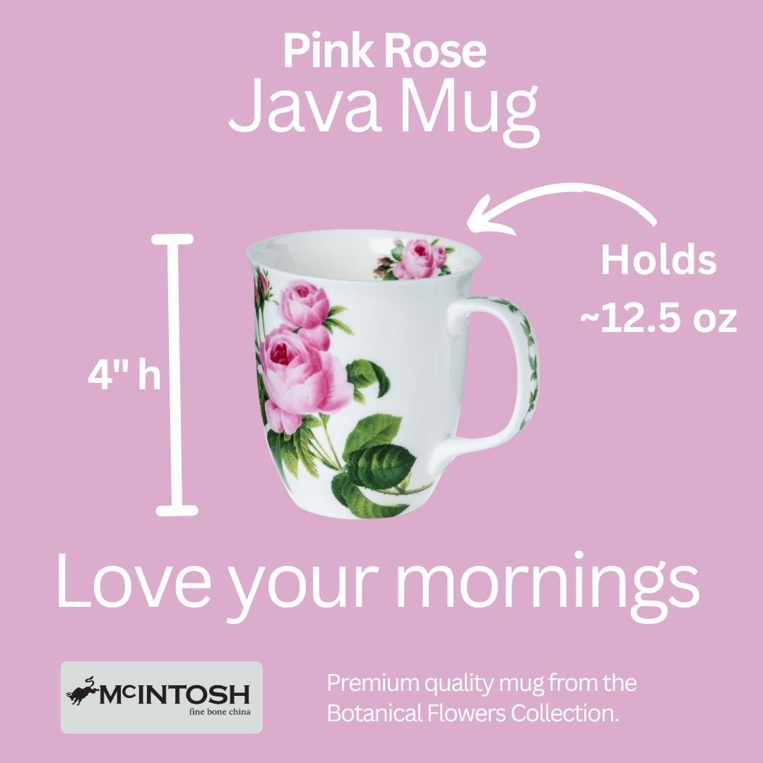Botanical Flowers Pink Rose Java Mug size guide in fine bone china, 375 ml (12.5 oz) capacity, 4 in height