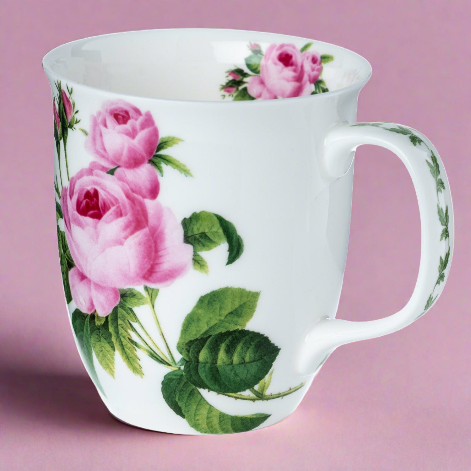 Botanical Flowers Pink Rose Java Mug in fine bone china, front view, handle right, pink background